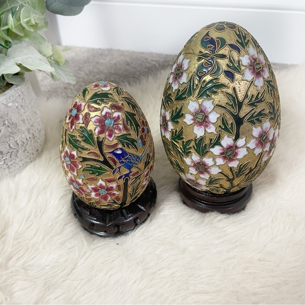 Vintage Cloisonne Gold Enameled Floral Eggs with Wood Stands, Set of 2